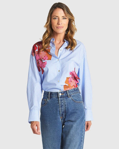 Sweet Jane Shirt - Floral / Blue Stripe