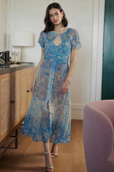 Rio Viscose Chiffon Pleat Bodice Flutter Sleeve Midi Dress - Capri Paisley Print