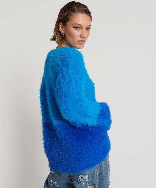 Fluffy Colour Blocked Sweater - Aqua