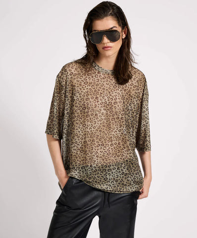 Mesh Striped Oversized Kobe Tee - Khaki Cheetah Print