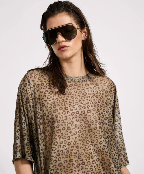 Mesh Striped Oversized Kobe Tee - Khaki Cheetah Print