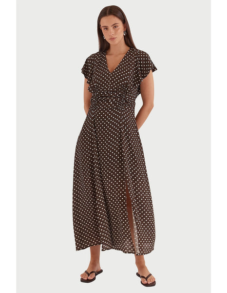 Elba Ruched Waist Dress - Polka Dot Brown