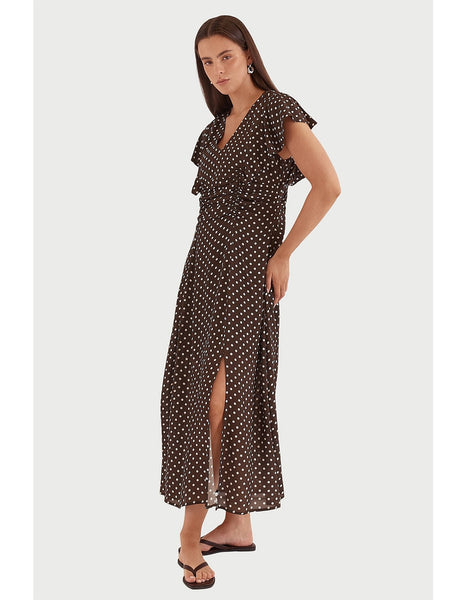 Elba Ruched Waist Dress - Polka Dot Brown