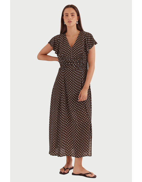 Elba Ruched Waist Dress - Polka Dot Brown