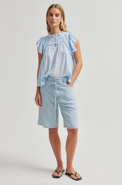 Marseilles String Tie Denim Short - Light Blue Stripe