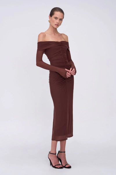Christy Mesh Off Shoulder Midi - Espresso - PRE ORDER