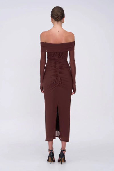 Christy Mesh Off Shoulder Midi - Espresso - PRE ORDER
