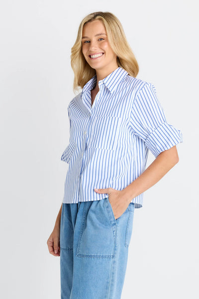 Cropped Poplin Shirt - Blue Stripe - et seQ fashion