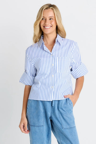 Cropped Poplin Shirt - Blue Stripe - et seQ fashion