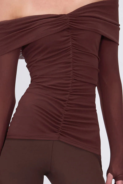 Christy Mesh Off Shoulder L/S Top - Espresso - PRE ORDER