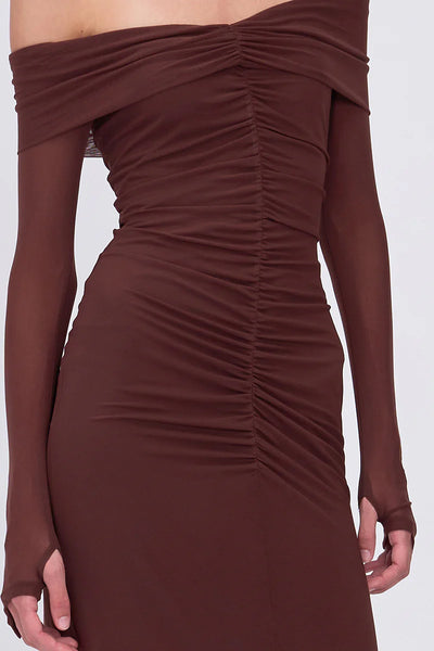 Christy Mesh Off Shoulder Midi - Espresso - PRE ORDER