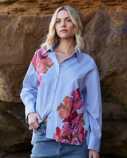 Sweet Jane Shirt - Floral / Blue Stripe
