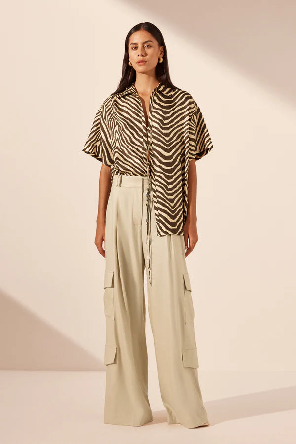 Sana Silk Short Sleeve Tie Shirt - Bone/Chocolate -  30% OFF AUTOMATICALLY APPLIED AT CHECKOUT