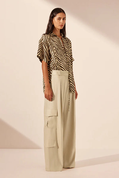 Sana Silk Short Sleeve Tie Shirt - Bone/Chocolate -  30% OFF AUTOMATICALLY APPLIED AT CHECKOUT