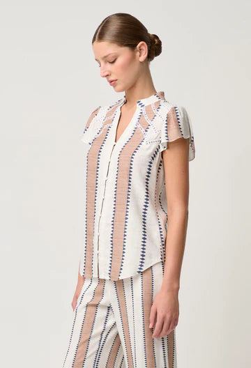 Amoya Linen Viscose Embroidered Top - Cayman Stripe - 25% OFF AUTOMATICALLY APPLIED AT CHECKOUT