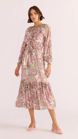 Cadence Blouson Midi Dress - Pink/Paisley