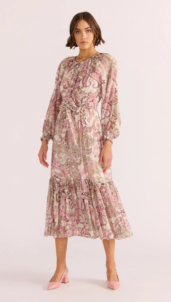 Cadence Blouson Midi Dress - Pink/Paisley