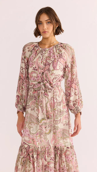 Cadence Blouson Midi Dress - Pink/Paisley