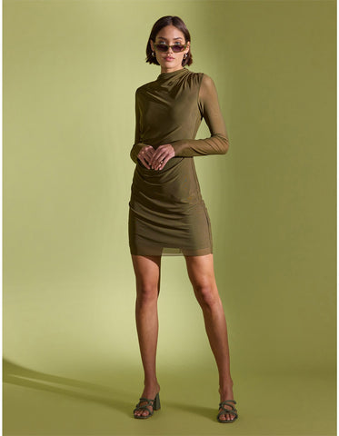 Elodie Mesh Wrap Mini Dress - Khaki