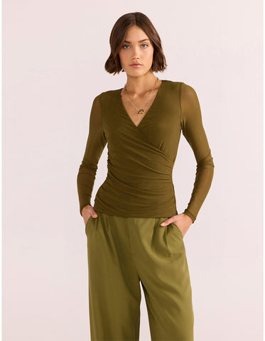 Elodie Mesh Wrap Top - Khaki
