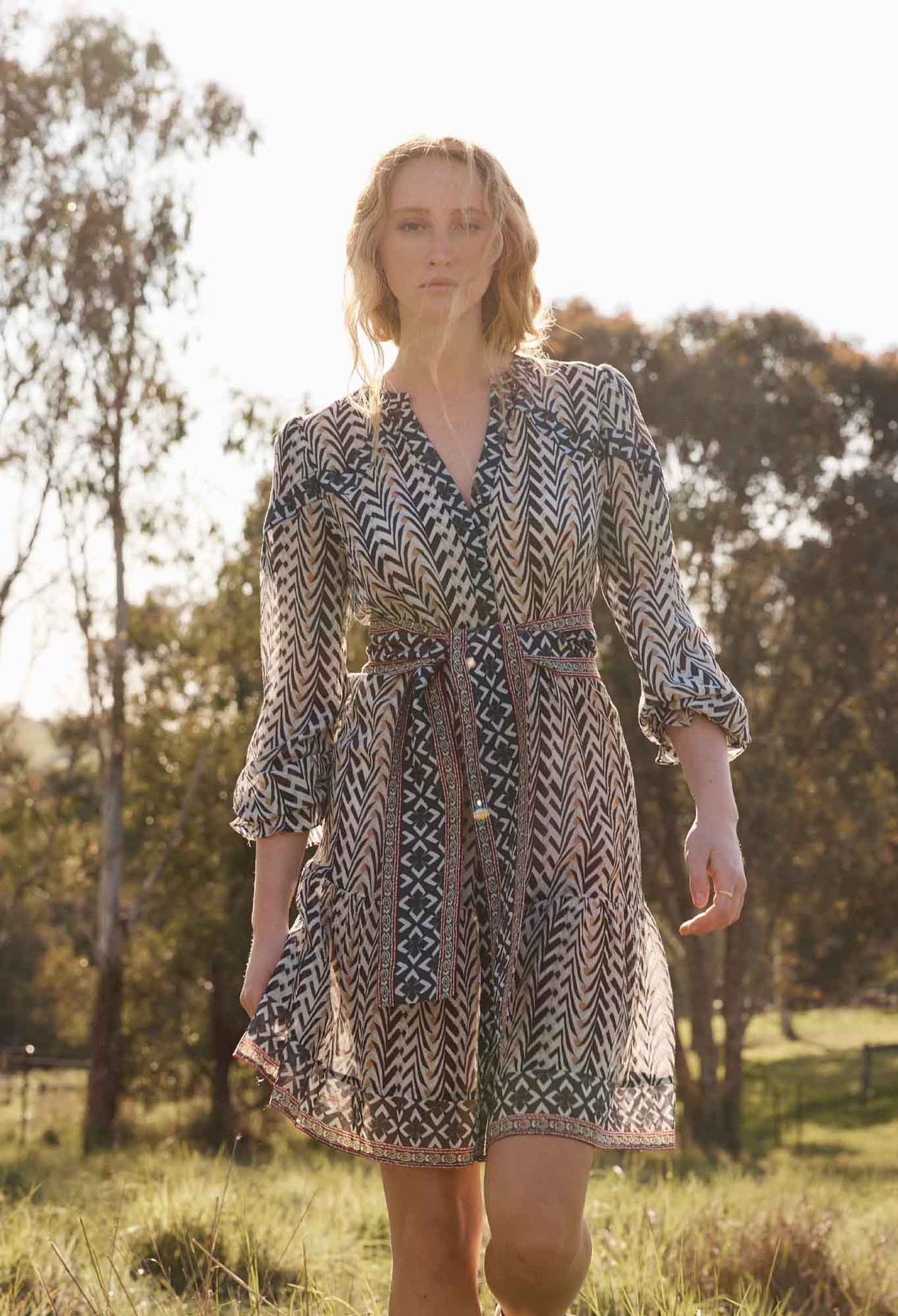 Bailey Crinkle Cotton Silk Dress - Bromegrass Print