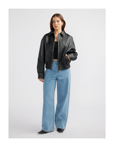 Jade Cropped Leather Jacket - Black