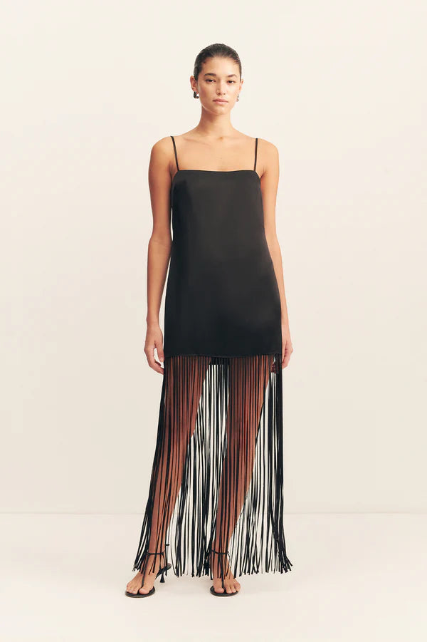 Moraya Square Neck Fringe Maxi Dress - Black