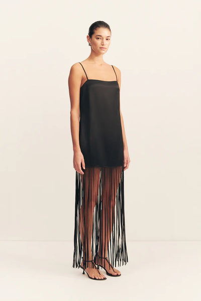 Moraya Square Neck Fringe Maxi Dress - Black