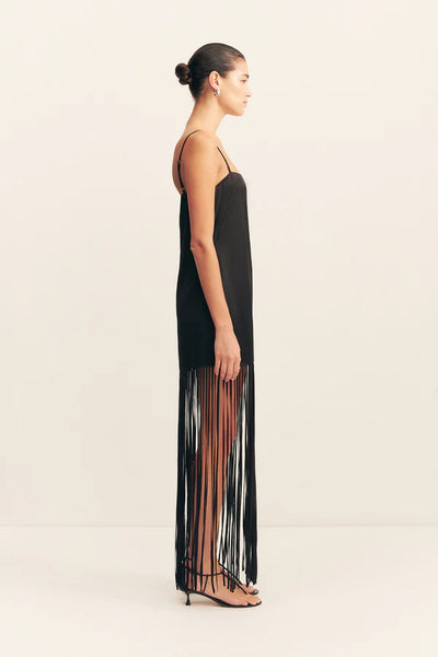 Moraya Square Neck Fringe Maxi Dress - Black