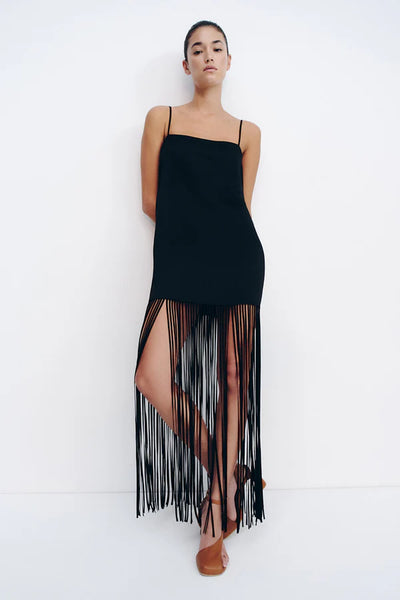 Moraya Square Neck Fringe Maxi Dress - Black