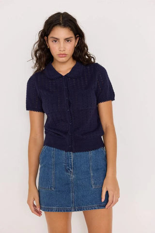 Lila Pointelle Knit Tee - Navy