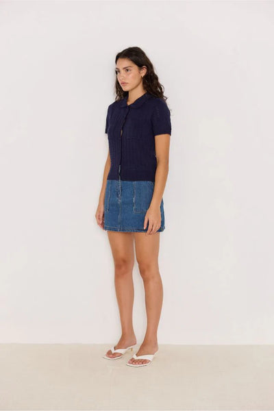 Lila Pointelle Knit Tee - Navy