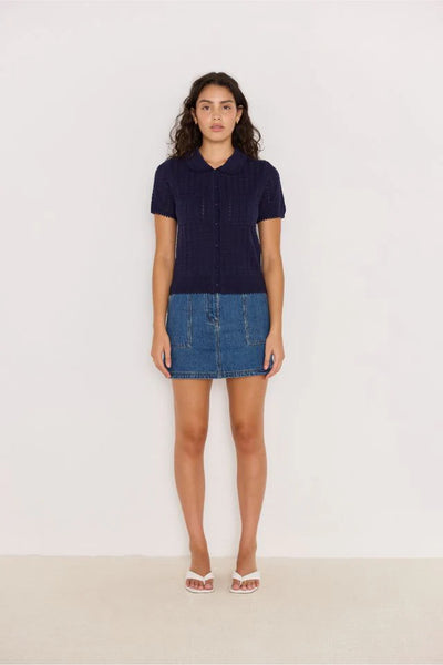 Lila Pointelle Knit Tee - Navy