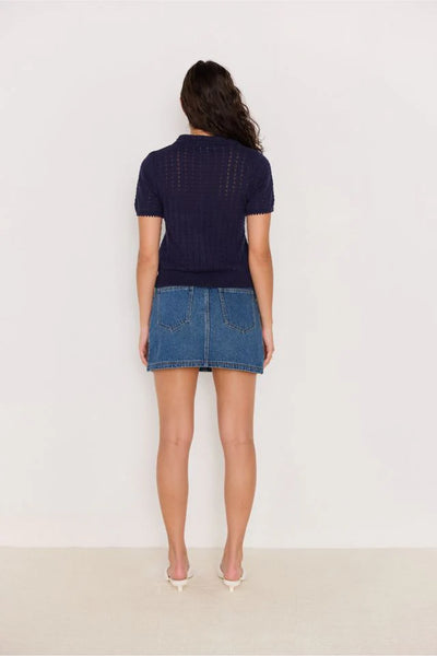 Lila Pointelle Knit Tee - Navy