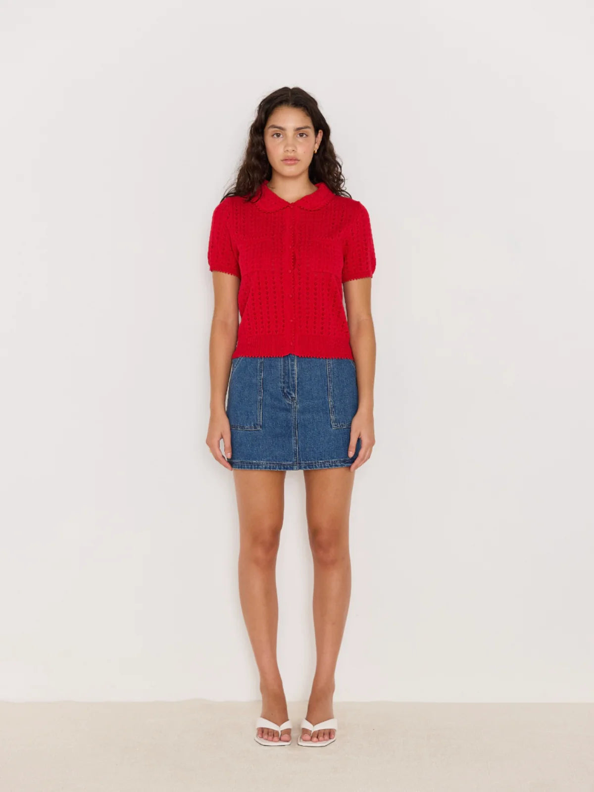 Lila Pointelle Knit Tee - Red