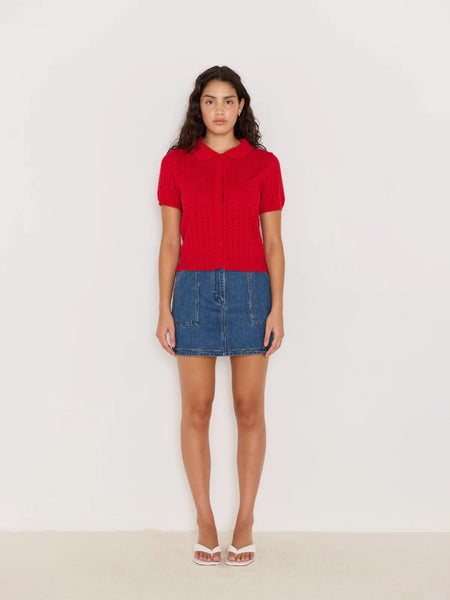 Lila Pointelle Knit Tee - Red