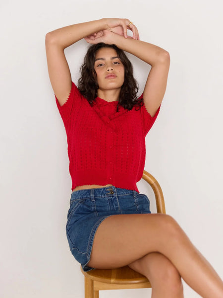 Lila Pointelle Knit Tee - Red