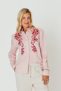 Chloe Shirt - Pink With Red Embroidery