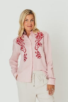 Chloe Shirt - Pink With Red Embroidery