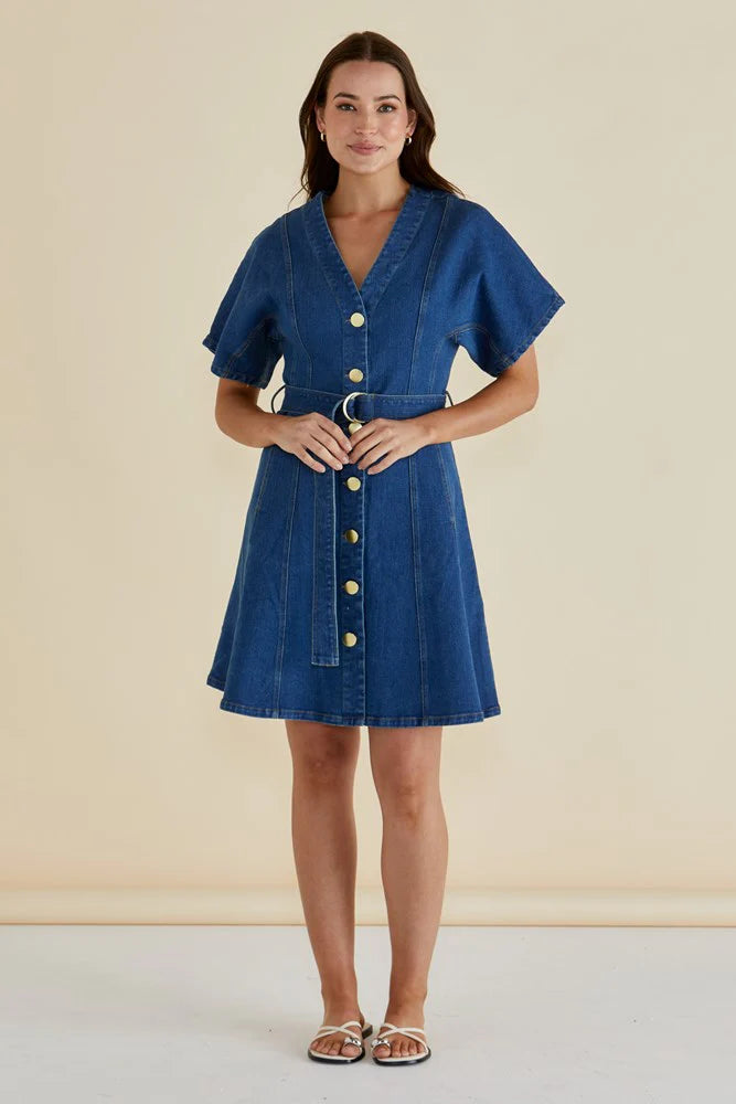 Fiori Denim Dress - Mid Wash - Blue Denim