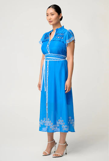 Xanthia Diamond Silk Cotton Embroidered Dress - Blue Topaz