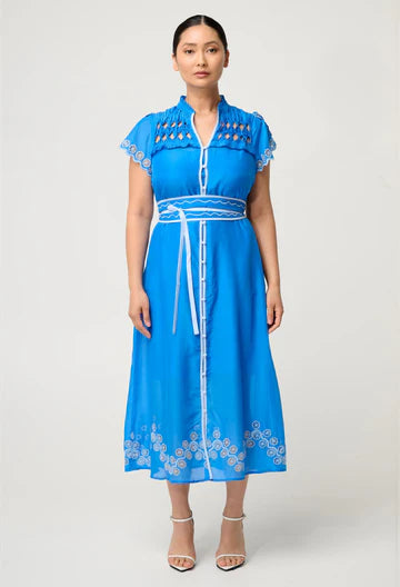 Xanthia Diamond Silk Cotton Embroidered Dress - Blue Topaz