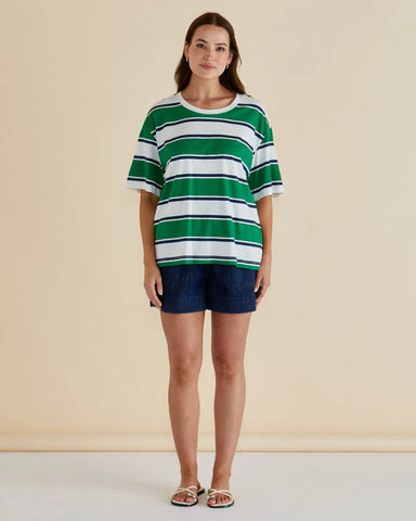 Relax Boxy Tee - Navy/Green Stripe