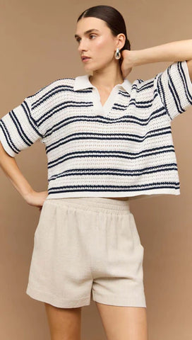 Solstice Knit Polo Top - White/Navy Stripe