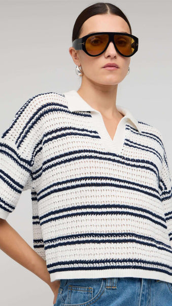 Solstice Knit Polo Top - White/Navy Stripe