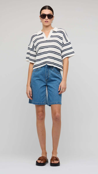 Solstice Knit Polo Top - White/Navy Stripe