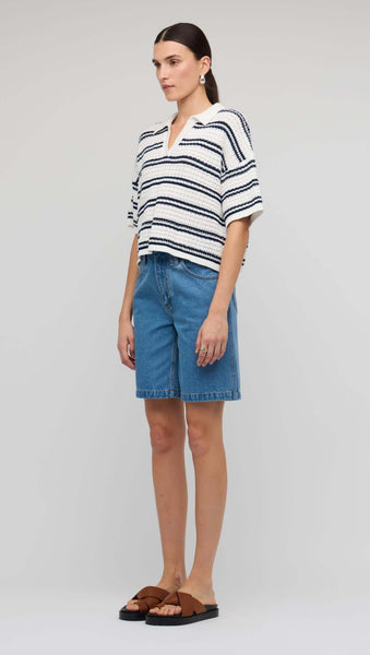 Solstice Knit Polo Top - White/Navy Stripe