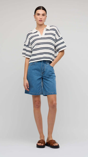 Solstice Knit Polo Top - White/Navy Stripe