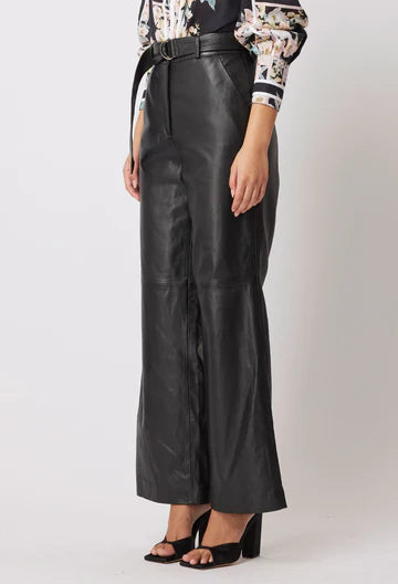 Halston Wide Leg Leather Pant - Black