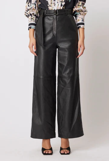 Halston Wide Leg Leather Pant - Black